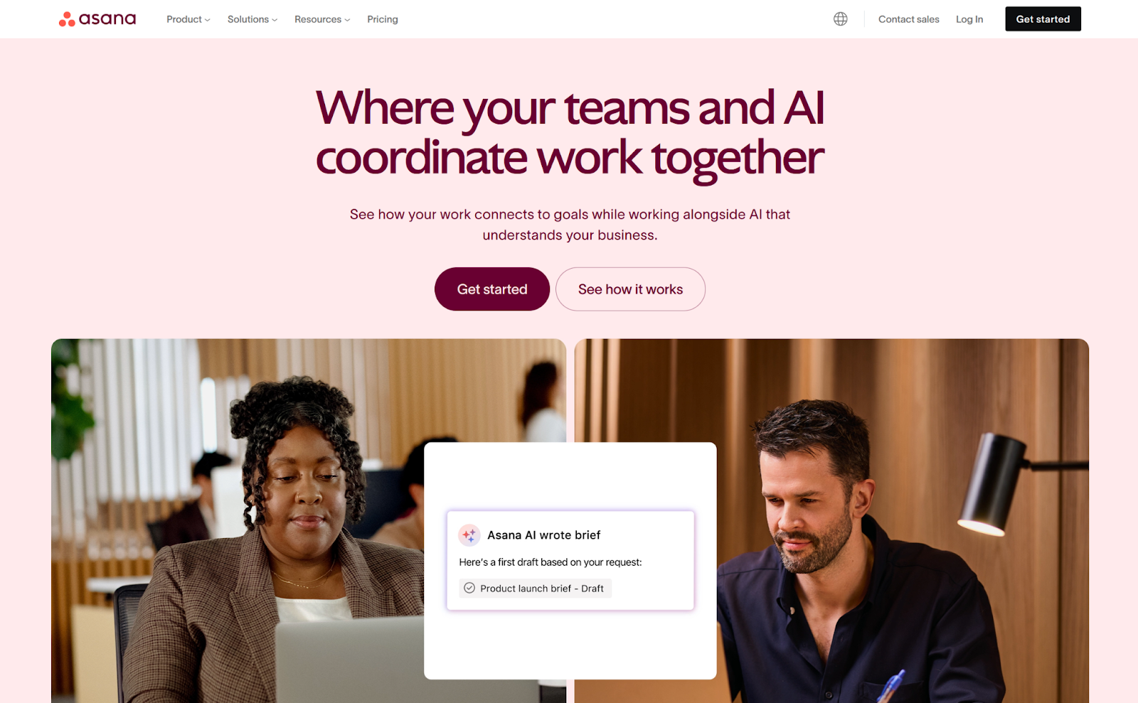 Screenshot of the Asana homepage, featuring two buttons for "Get started" or "See how it works