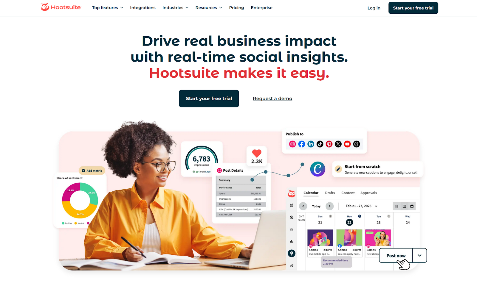 Screenshot of the Hootsuite homepage, featuring a woman surrounded by sample analytics and a "Start your free trial" button