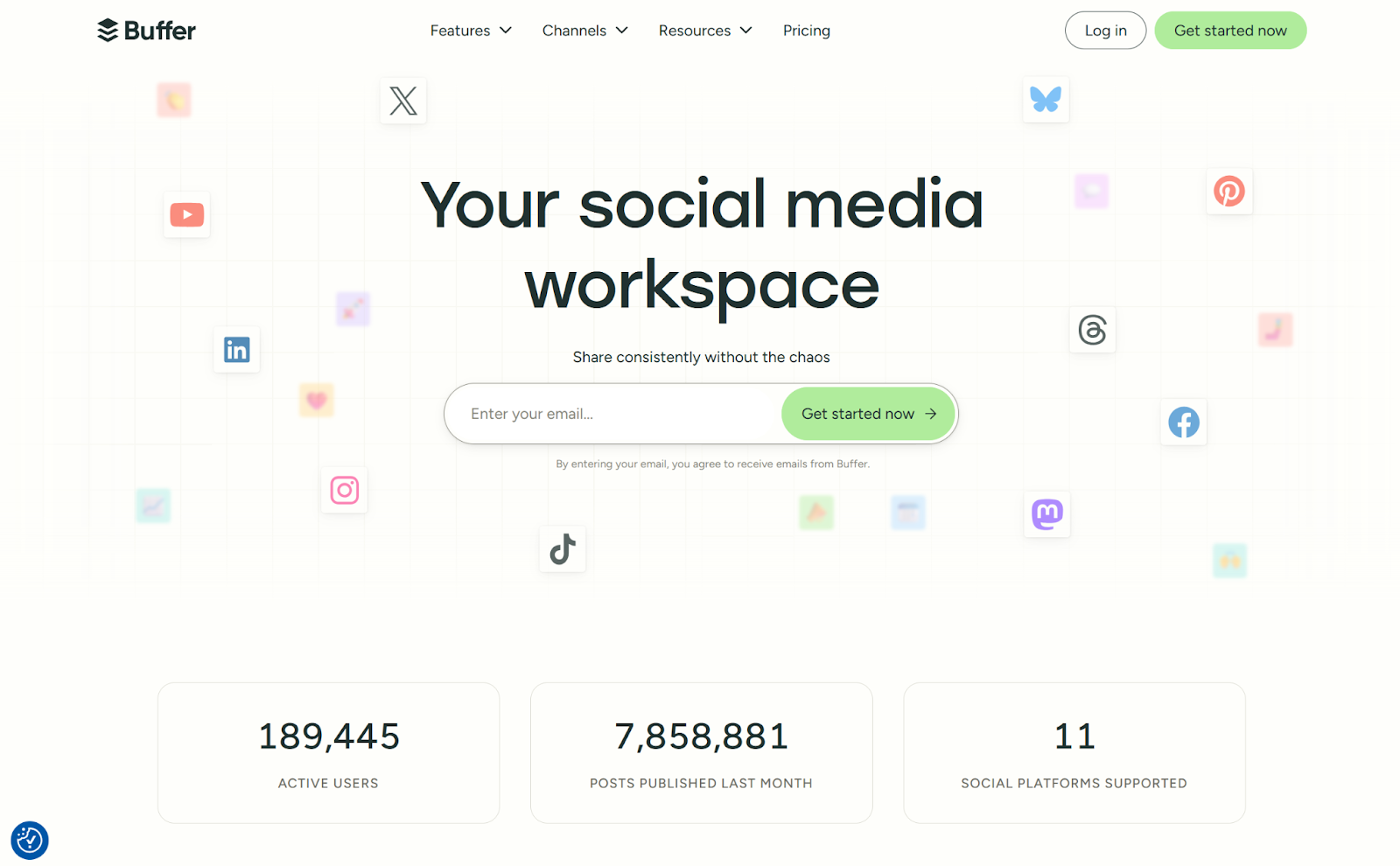 Screenshot of the Buffer homepage with a few stats about its users and their activity on social media