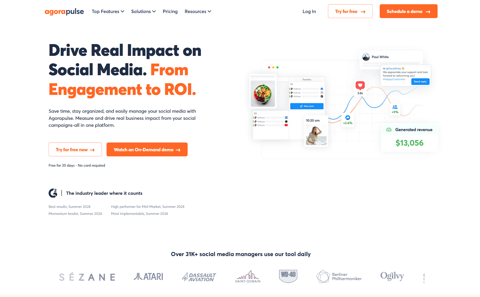 Screenshot of the Agorapulse homepage with buttons for a free trial or watching an on-demand demo