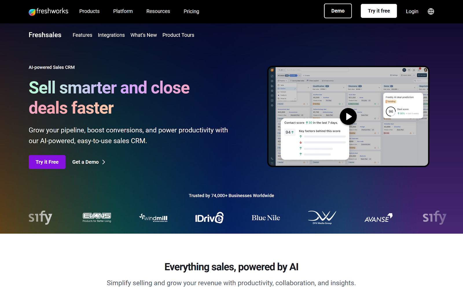 Screenshot of the Freshsales landing page, featuring an image of the user interface and two buttons for "Try It free" and "Get a Demo