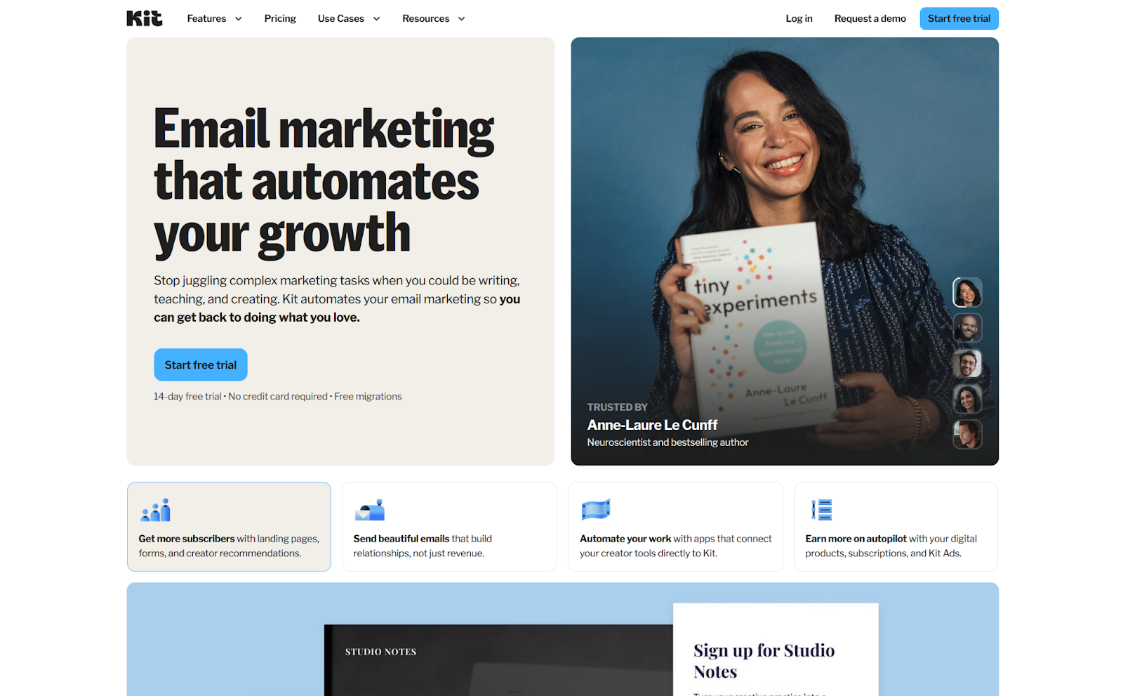Screenshot of the Kit homepage, featuring a photo of a Kit user and a button for starting a free trial