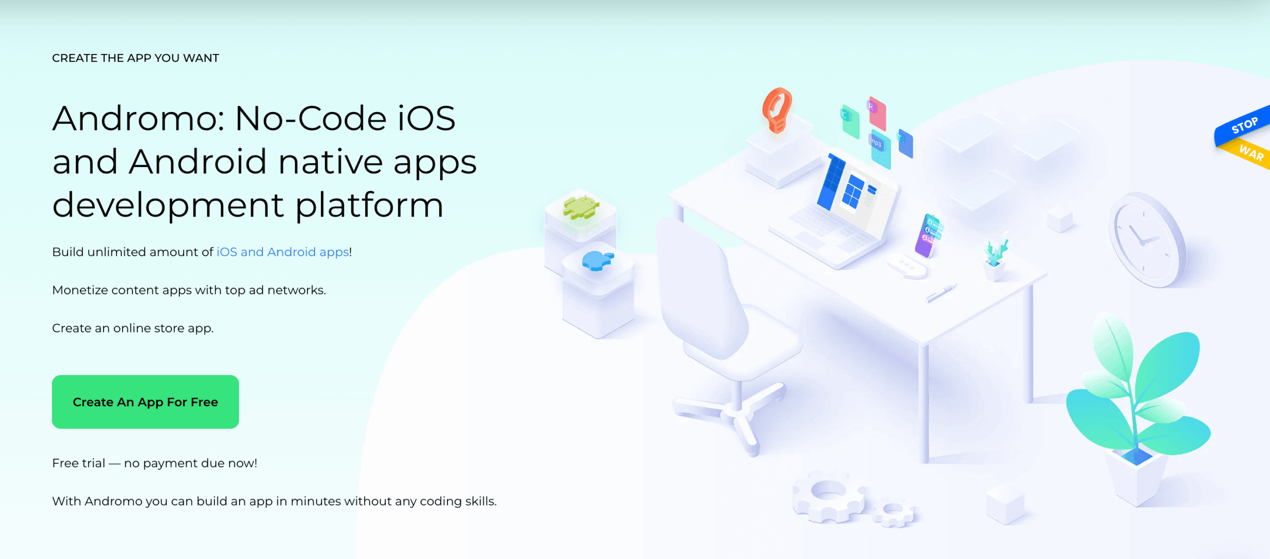 andromo no code ios and android native apps development platform website homepage