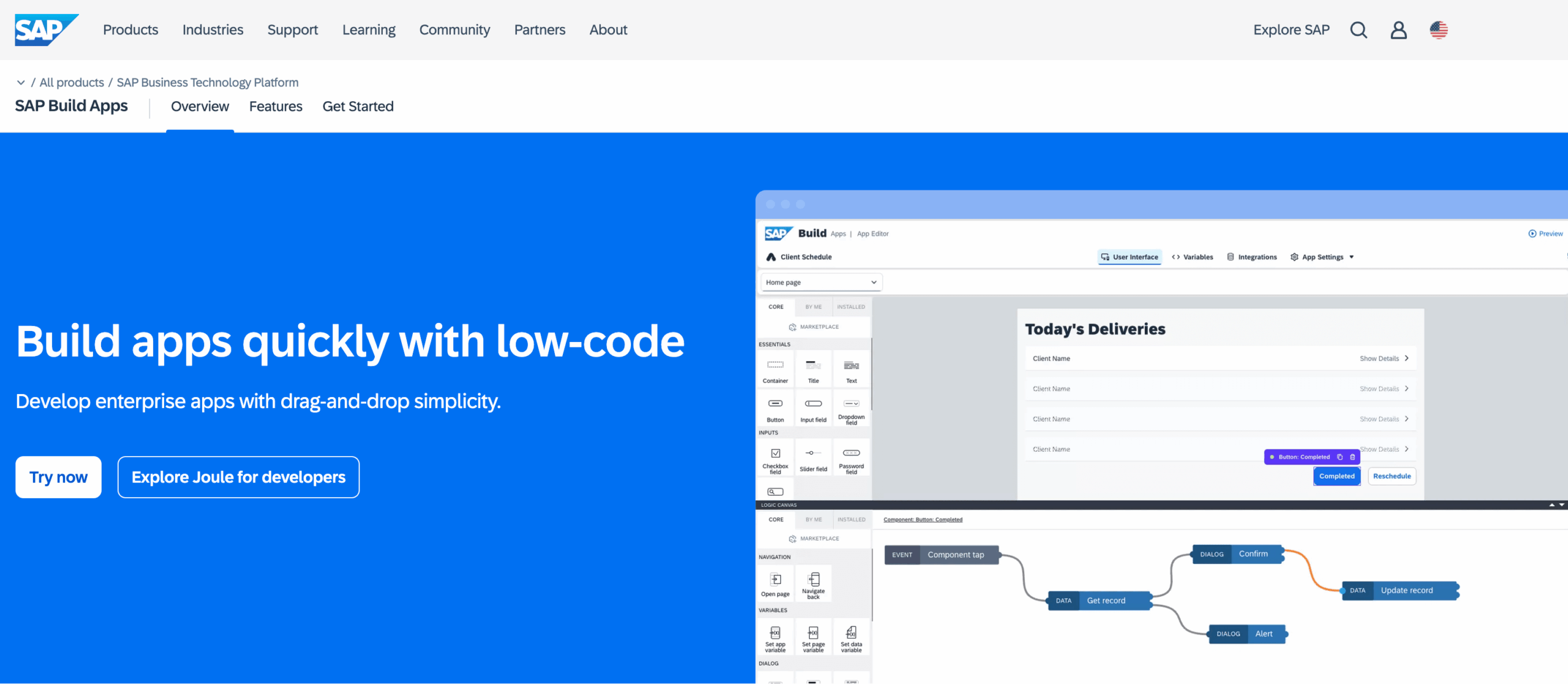 sap build apps homepage with words build apps quickly with low code