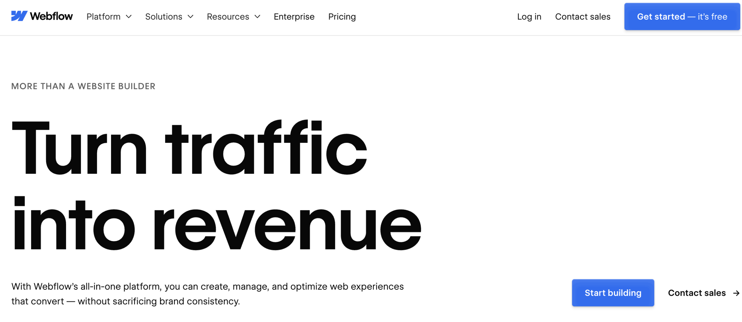 webflow homepage with the words turn traffic into revenue