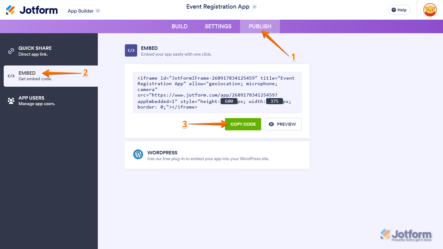 App Builder Publish menu showing Embed section and Copy Code button in Jotform