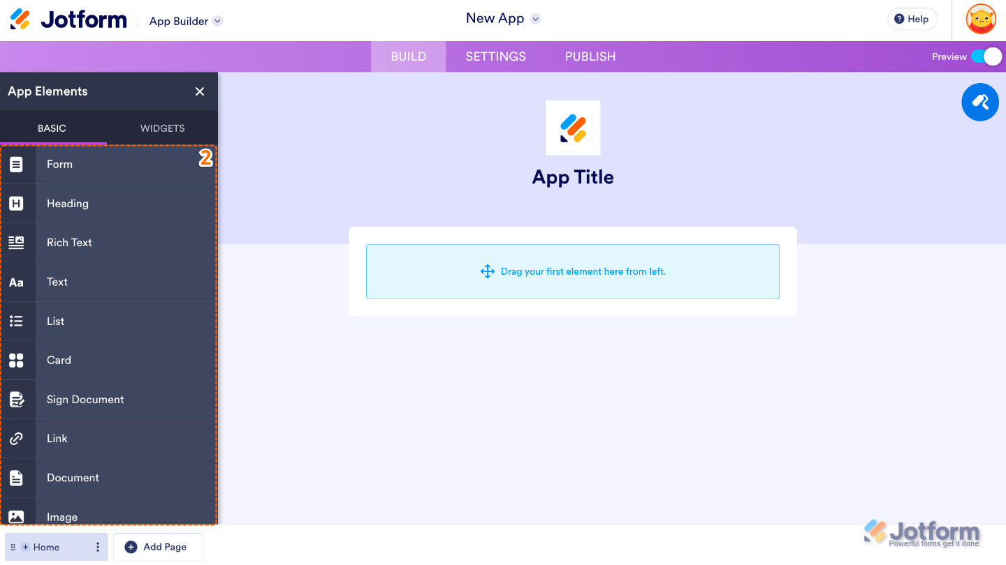 App Builder Elements panel under the Basic tab showing selectable elements to add to an app