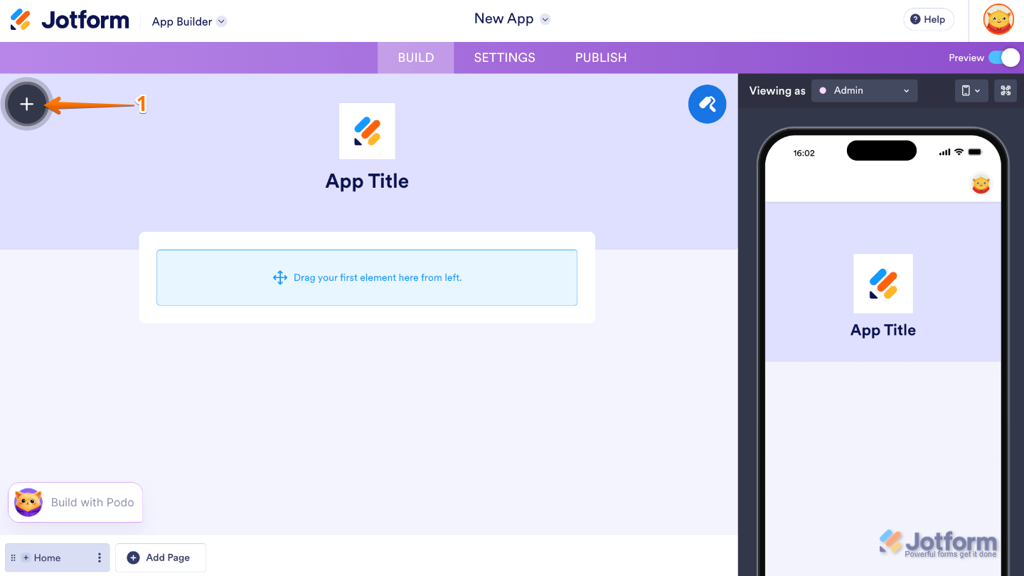 App Builder interface highlighting the Plus icon on the left panel to add new elements