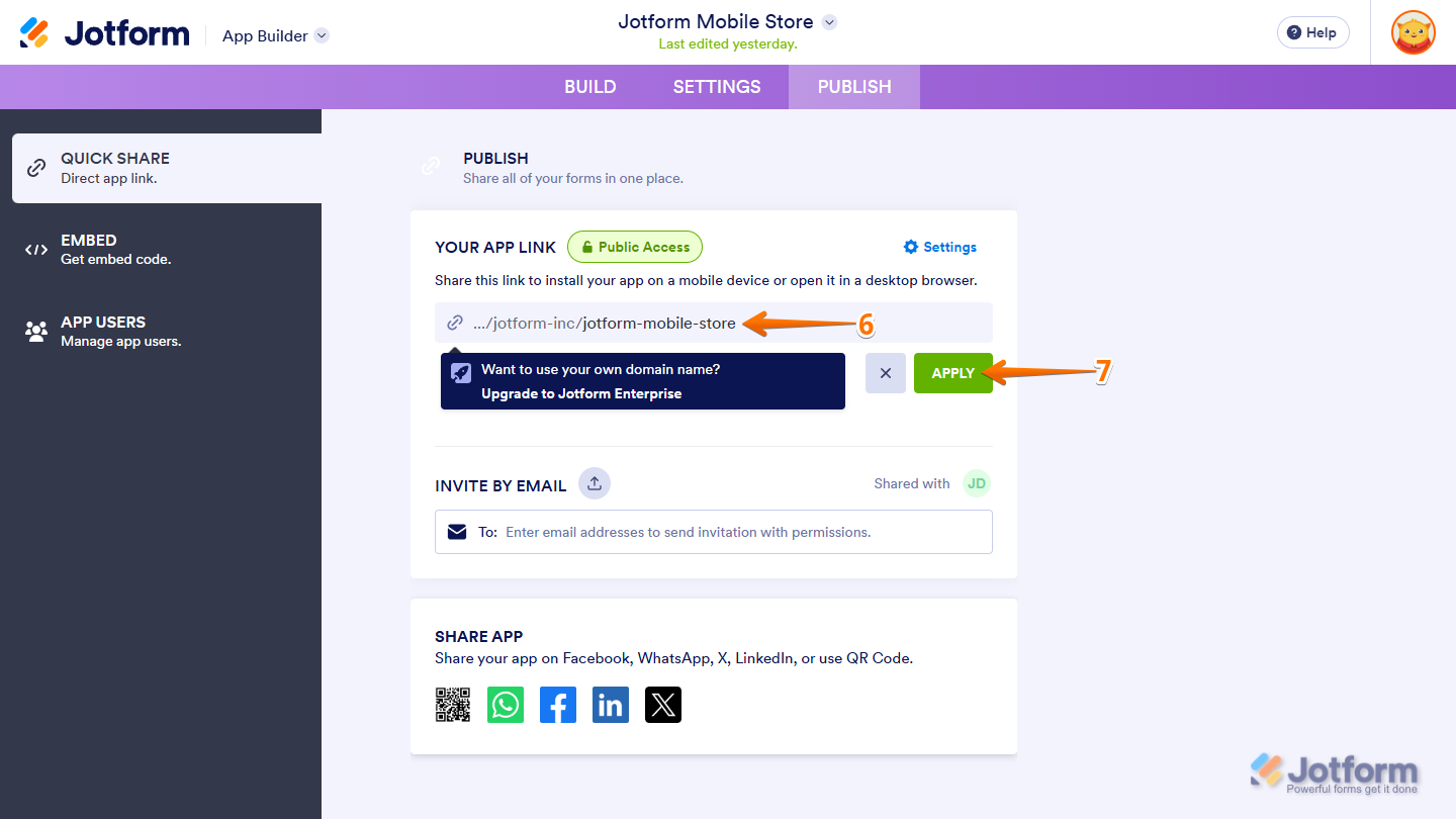 Apply button in the Custom App Name settings of the Jotform App Builder