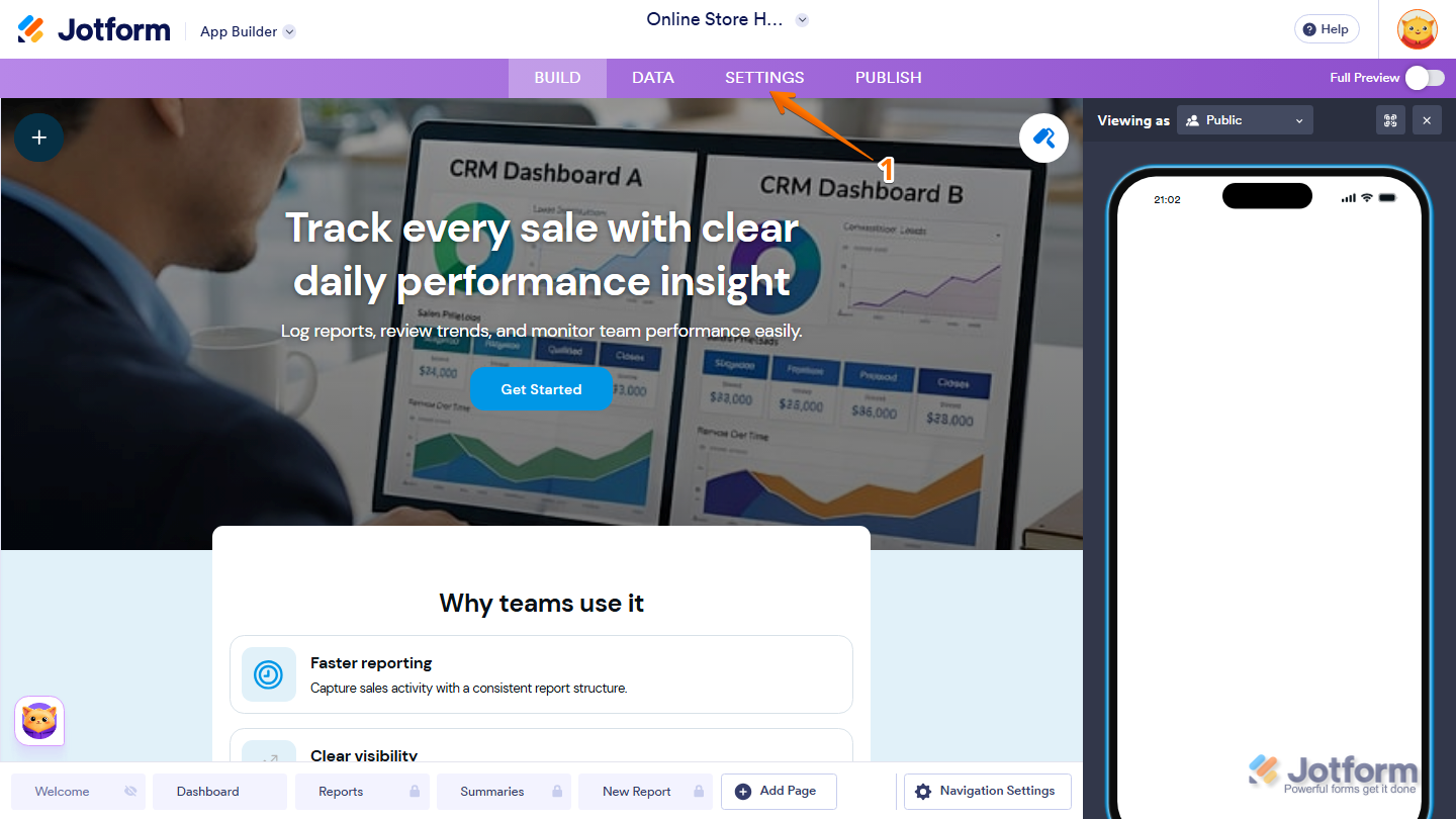 Jotform App Builder with the Settings option visible in the purple navigation bar at the top of the page