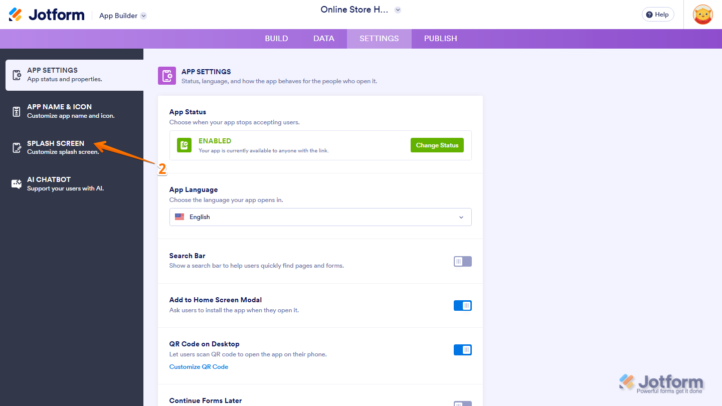 Jotform App Builder Settings page with the Splash Screen option visible in the left-side menu