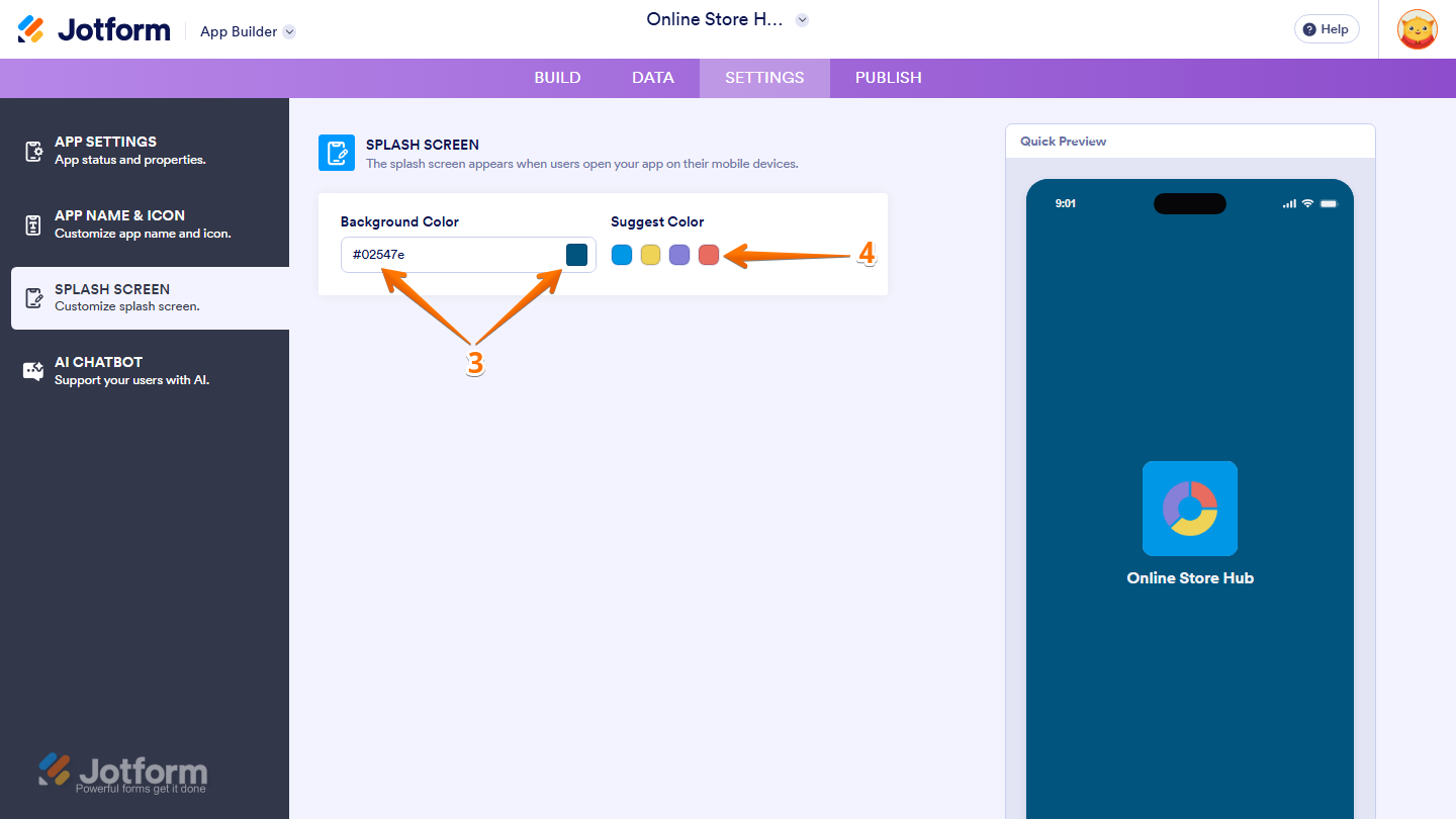 Jotform App Builder Splash Screen settings showing the Background Color picker, HEX Color input field, and Suggest Color options for customizing the splash screen background