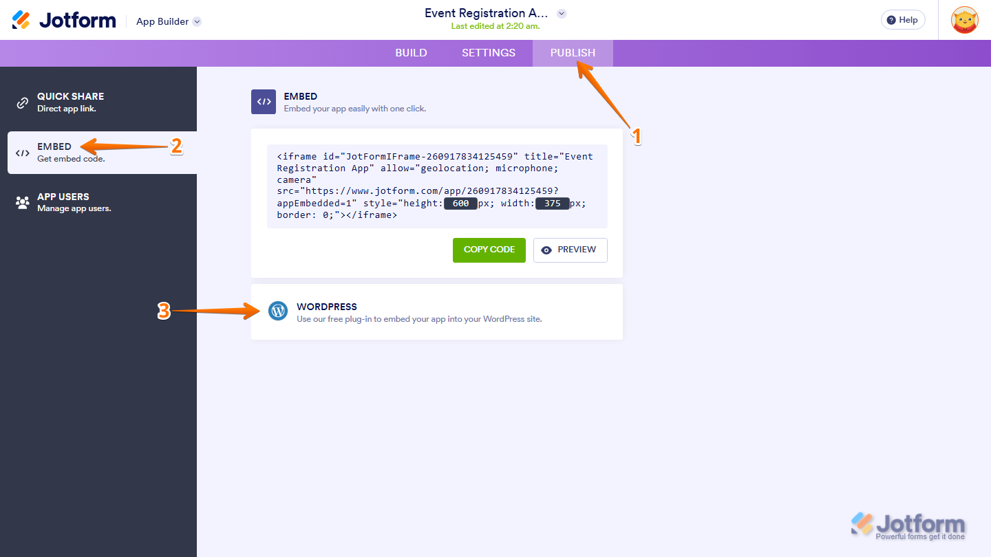 App Builder Publish menu showing Embed section with WordPress option selected in Jotform
