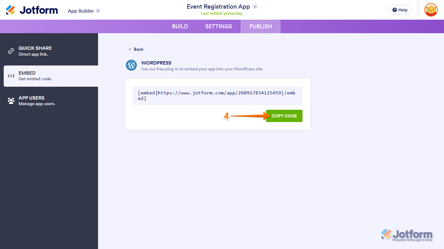 Embed section showing Copy Code button for WordPress shortcode in Jotform