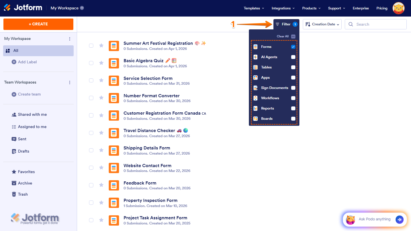 Workspace page showing Filter dropdown with only Forms selected in Jotform