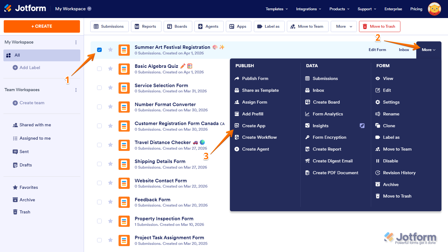 Form options menu showing More dropdown and Create App under Publish in Jotform