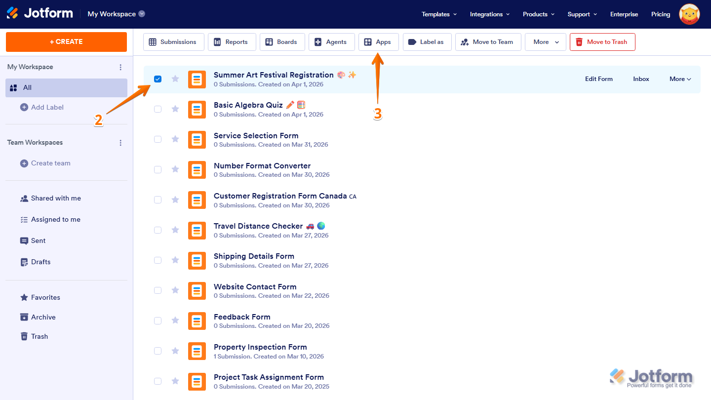 Workspace page showing form selection and Apps option in top menu in Jotform