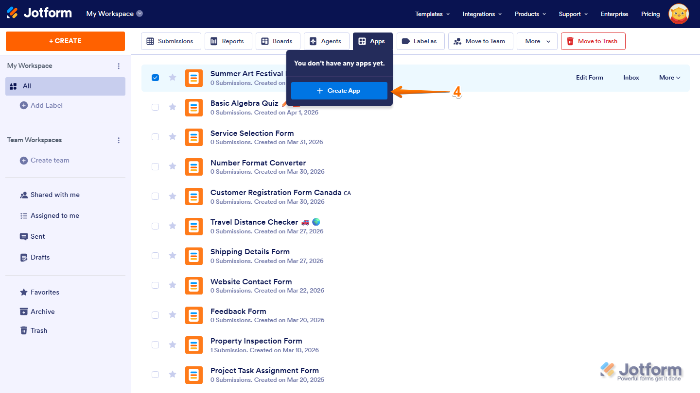 Apps dropdown menu showing Create App option in Jotform