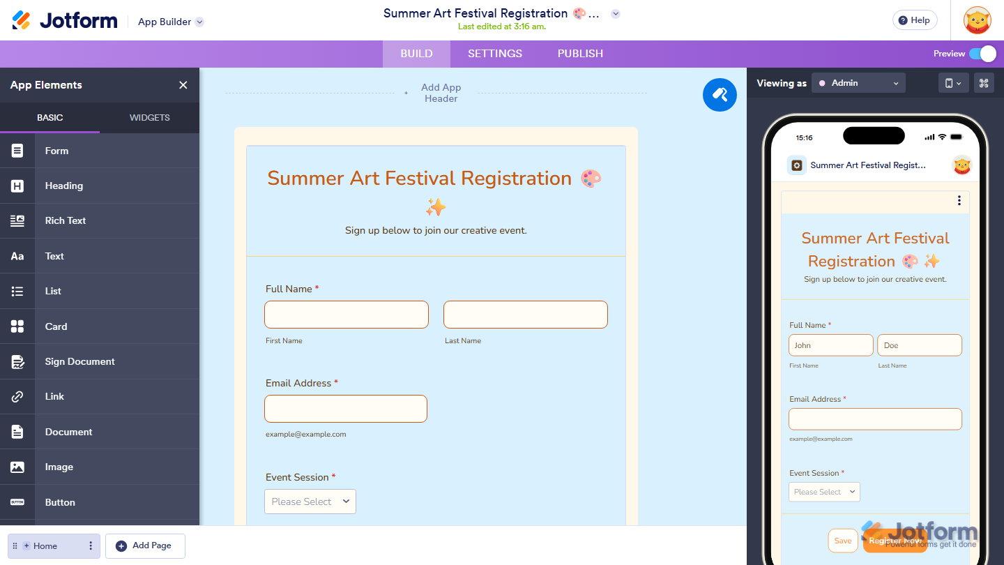 App Builder interface showing app customization screen after creating app in Jotform