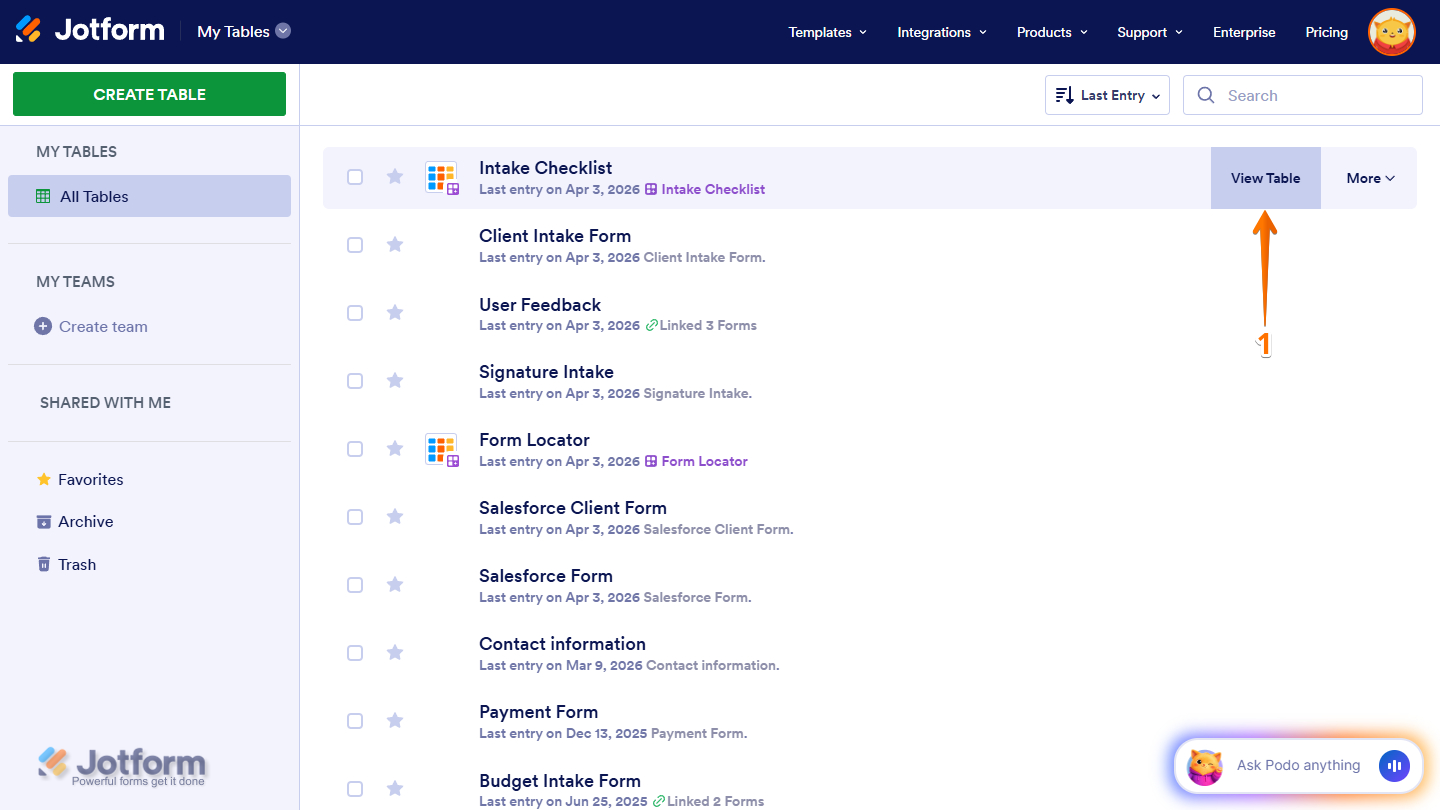 View Table menu in My Tables page