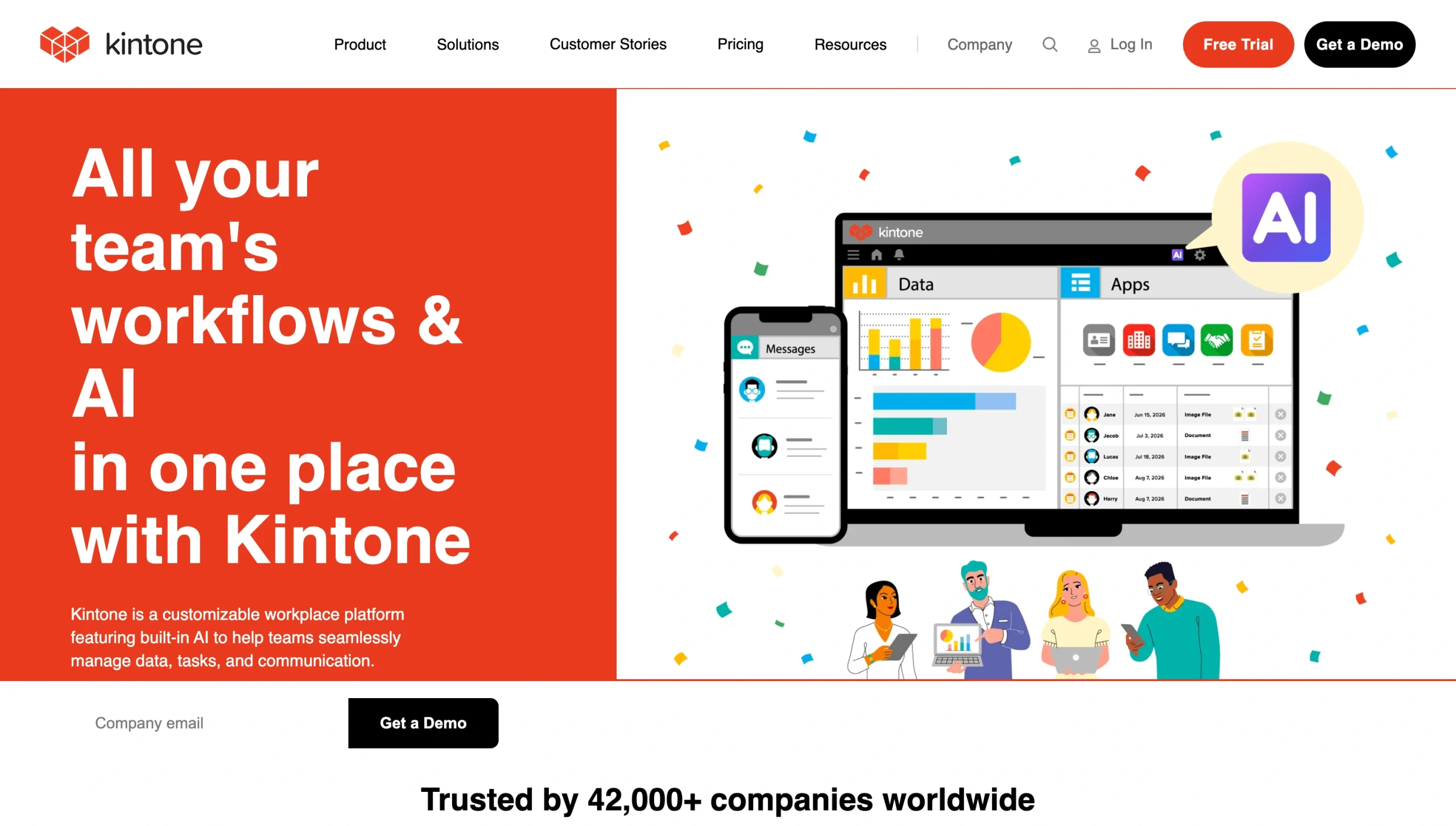 Screenshot of the Kintone landing page, showing a headline "All your team's workflows & AI in one place with Kintone"