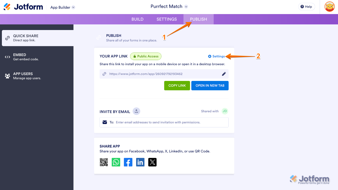 App Builder interface showing the Publish button in the top navigation bar and the Settings option in the Quick Share page