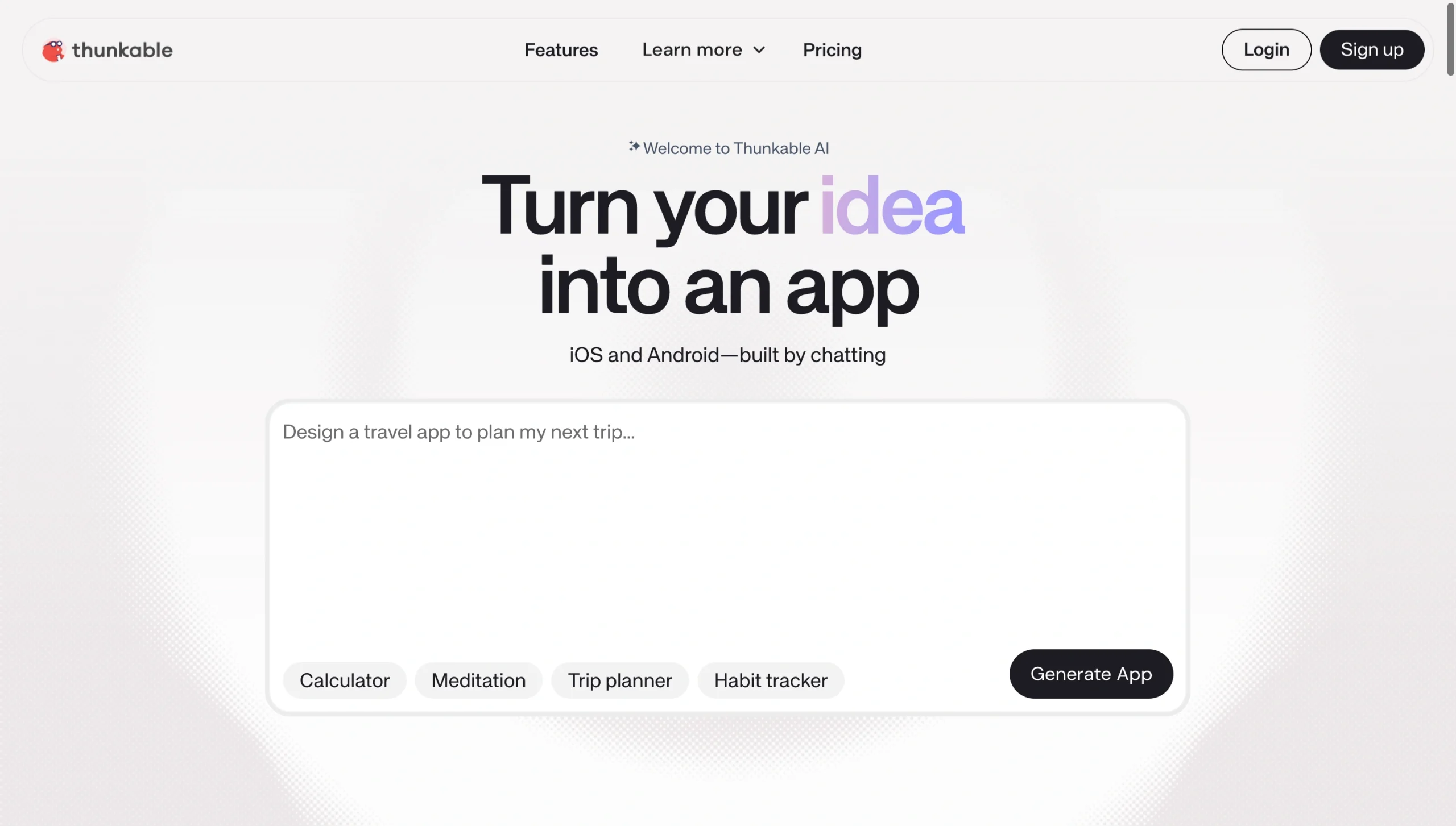 Screenshot of the Thunkable landing page, showing a headline "Turn your idea into an app"