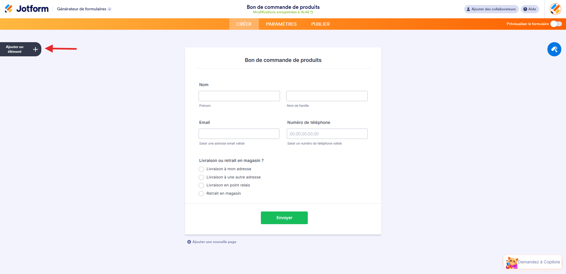 Capture d'écran d'un bon de commande dans le Générateur de formulaires Jotform avec une flèche vers le bouton Ajouter des éléments