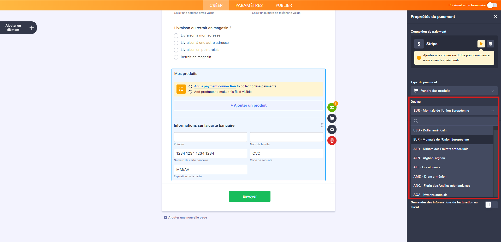 Capture d'écran de la fenêtre modale Ajouter une connexion Stripe dans le Générateur de formulaires Jotform avec un encadré autour de la section Devise