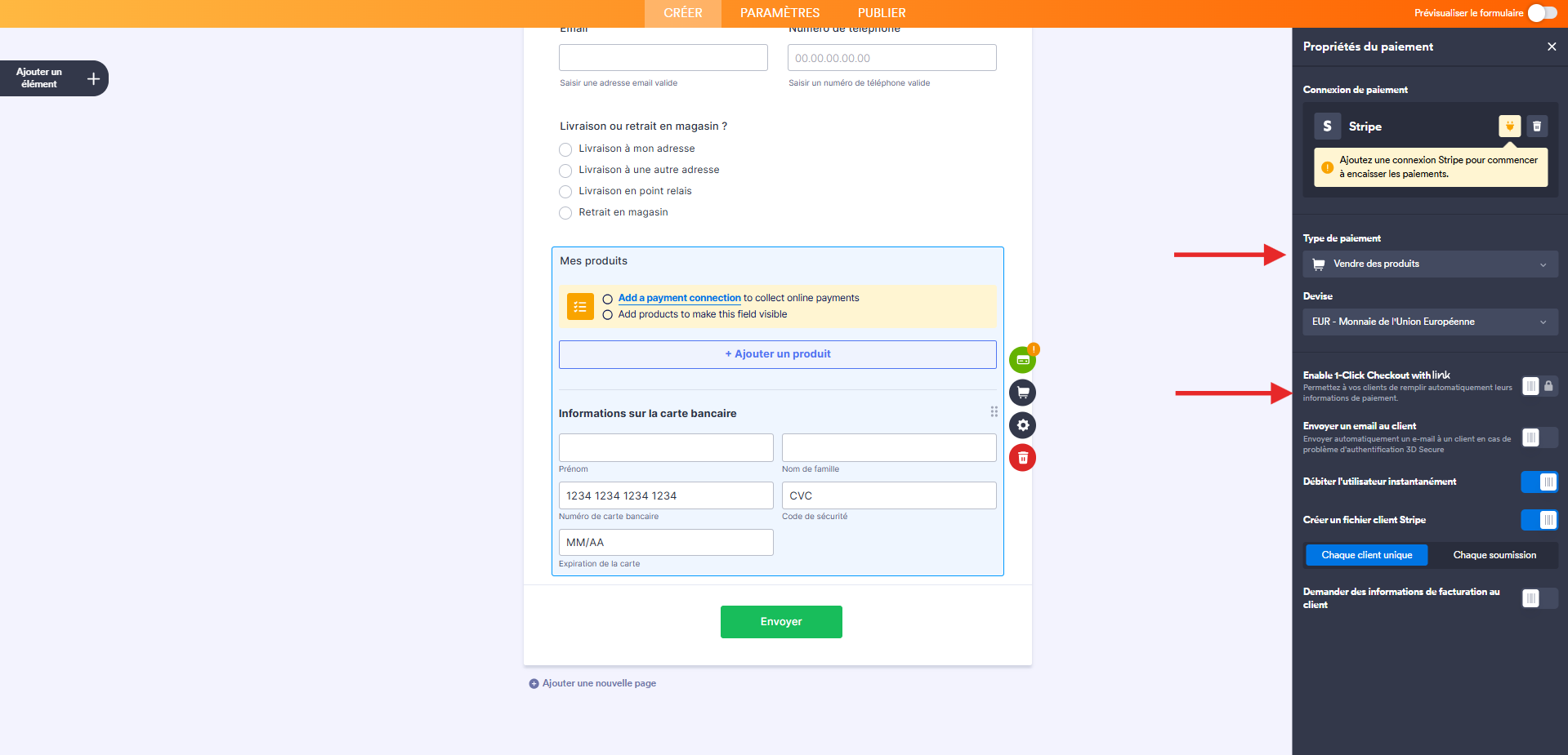 Capture d'écran du volet Propriétés du paiement de l'élément Stripe dans le Générateur de formulaires Jotform avec une flèche vers la section Type de paiement et une autre vers option Paiement en un clic avec Link