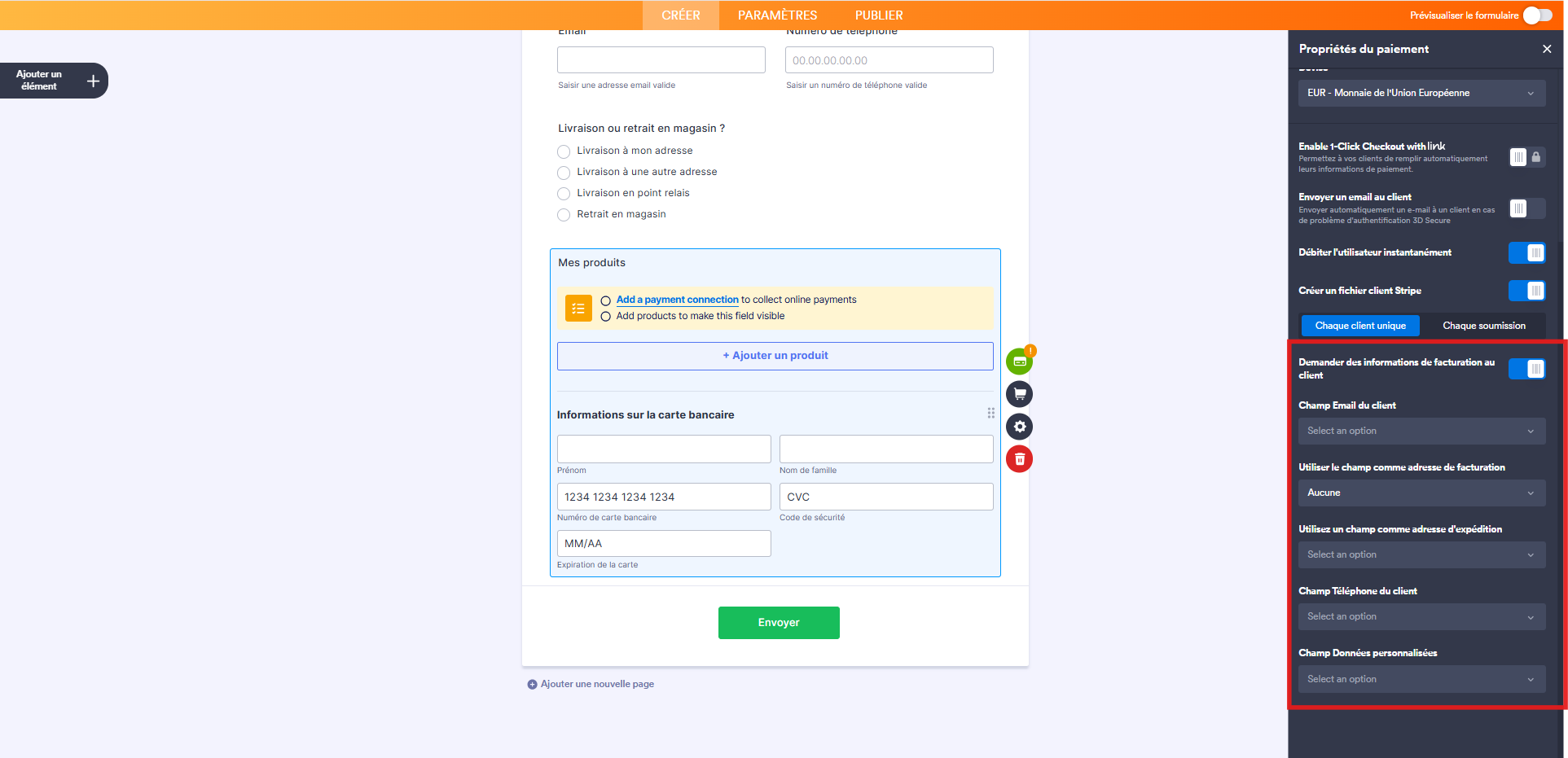 Capture d'écran du volet Propriétés du paiement de l'élément Stripe dans le Générateur de formulaires Jotform avec un encadré autour des options Demander des informations de facturation au client, Champ Email du client, Utilisation du champ comme adresse de facturation, Utilisation du champ comme adresse de livraison, Champ Téléphone du client, Champ incluant des données personnalisées
