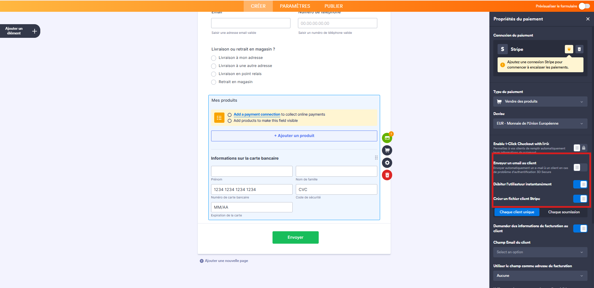 Capture d'écran du volet Propriétés du paiement de l'élément Stripe dans le Générateur de formulaires Jotform avec un encadré autour des options Envoyer un email au client, Débiter l'utilisateur instantanément, Créer un fichier client Stripe
