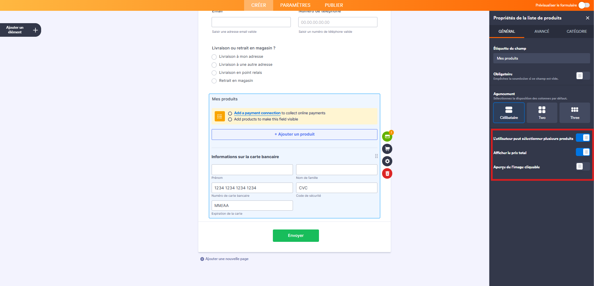 Capture d'écran du volet Propriétés de la liste de paiement de l'élément Stripe dans le Générateur de formulaires Jotform avec un encadré autour des options L'utilisateur peut sélectionner plusieurs produits, Afficher le prix total, Aperçu de l'image cliquable