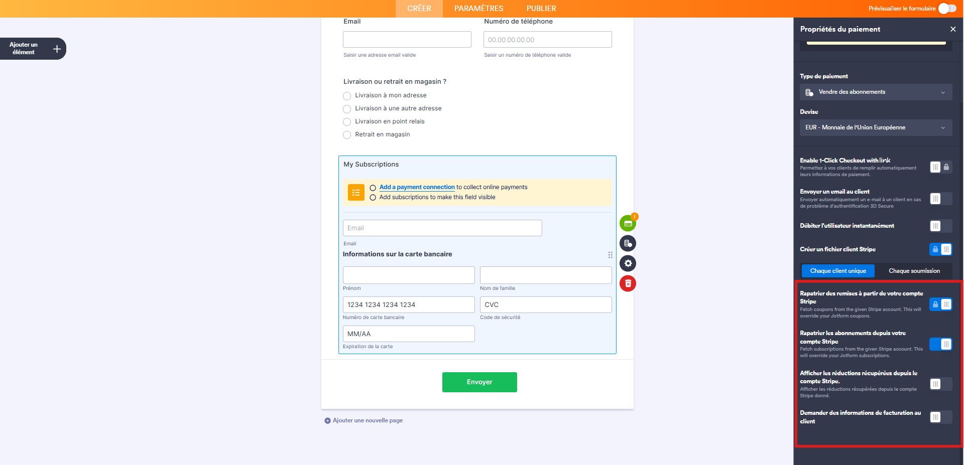 Capture d'écran du volet Propriétés du paiement de l'élément Stripe dans le Générateur de formulaires Jotform avec un encadré autour des options Rapatrier des remises à partir de votre compte Stripe, Rapatrier les abonnements depuis votre compte Stripe et Afficher les réductions récupérées depuis le compte Stripe
