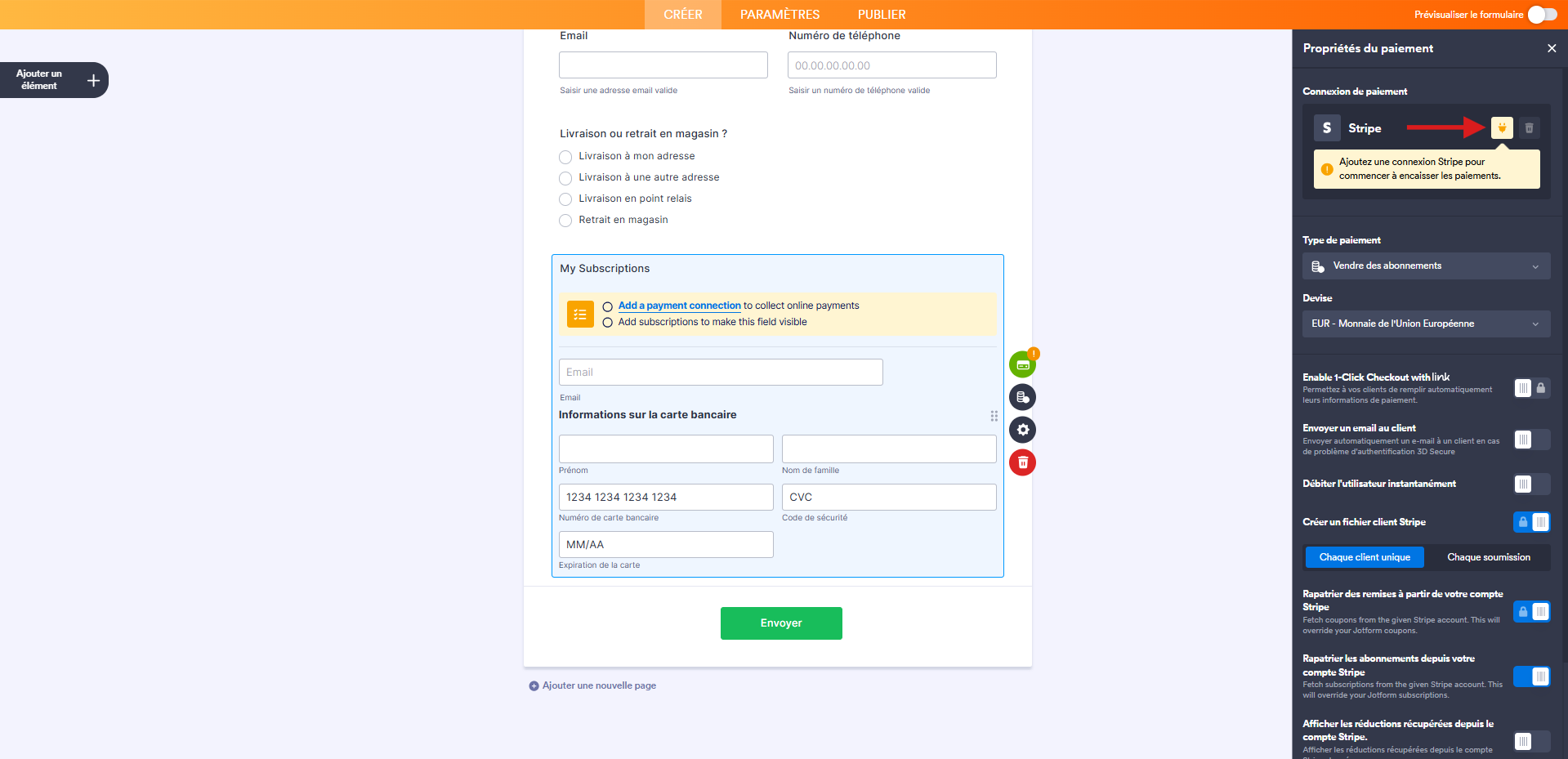 Capture d'écran du volet Propriétés du paiement de l'élément Stripe dans le Générateur de formulaires Jotform avec une flèche pointant vers l'icône de prise de courant