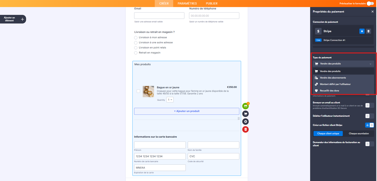 Capture d'écran du volet Propriétés du paiement de l'élément Stripe dans le Générateur de formulaires Jotform avec un encadré autour des options du champ Type de paiement