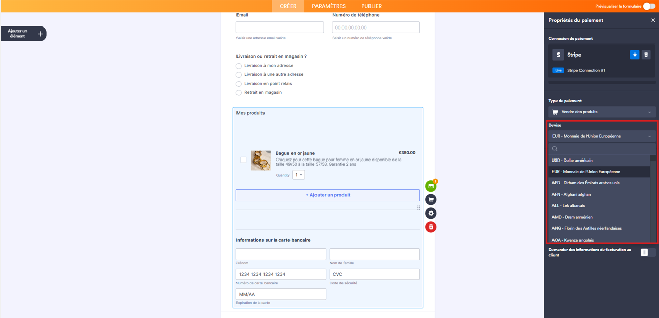 Capture d'écran du volet Propriétés du paiement de l'élément Stripe dans le Générateur de formulaires Jotform avec un encadré autour des options du champ Devise