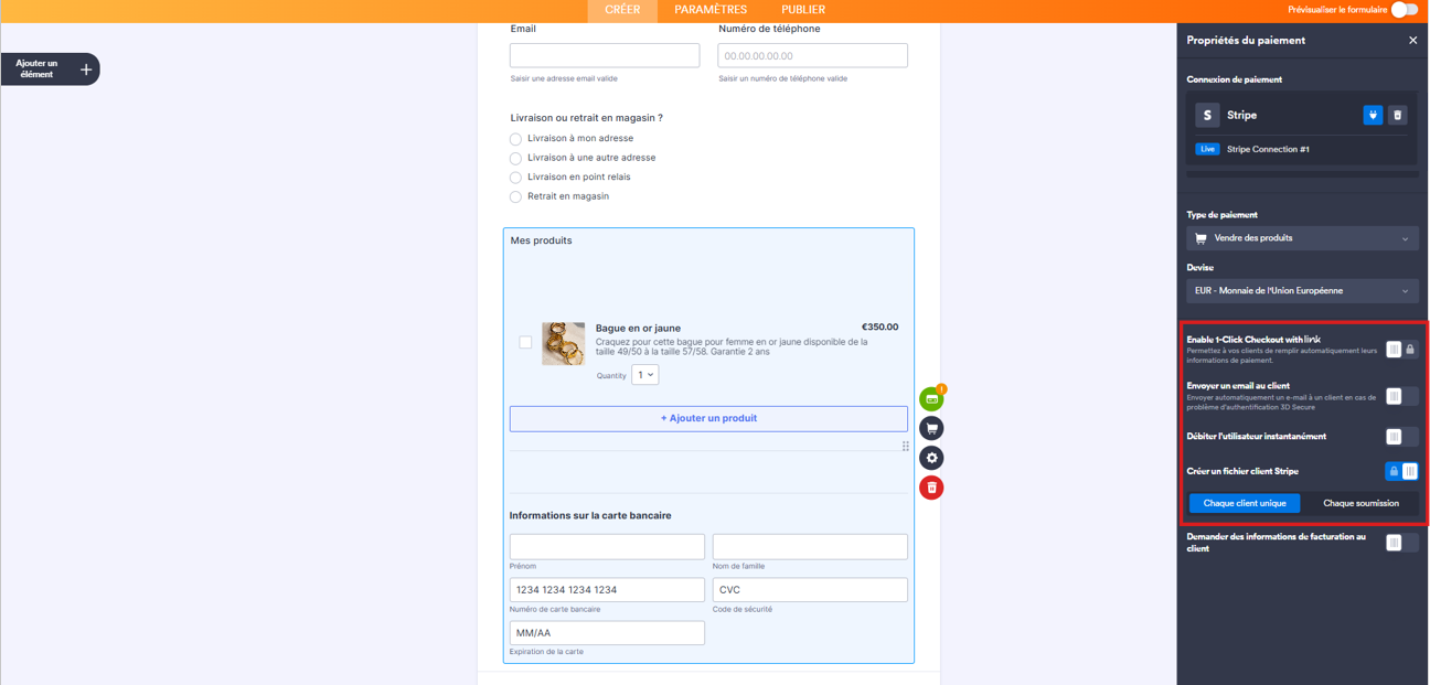 Capture d'écran du volet Propriétés du paiement de l'élément Stripe dans le Générateur de formulaires Jotform avec un encadré autour des options supplémentaires