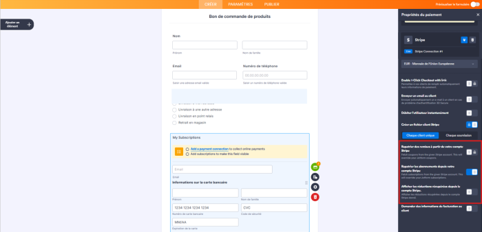 Capture d'écran du volet Propriétés du paiement de l'élément Stripe dans le Générateur de formulaires Jotform avec un encadré autour des options de rapatriement de bons de réduction