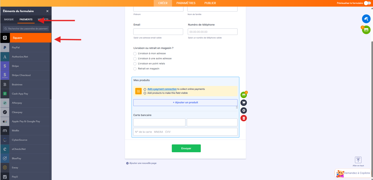 Capture d'écran d'un formulaire dans le Générateur de formulaires Jotform avec une flèche vers l'onglet Paiements, une autre vers Square et un élément de paiement Square ajouté dans le formulaire