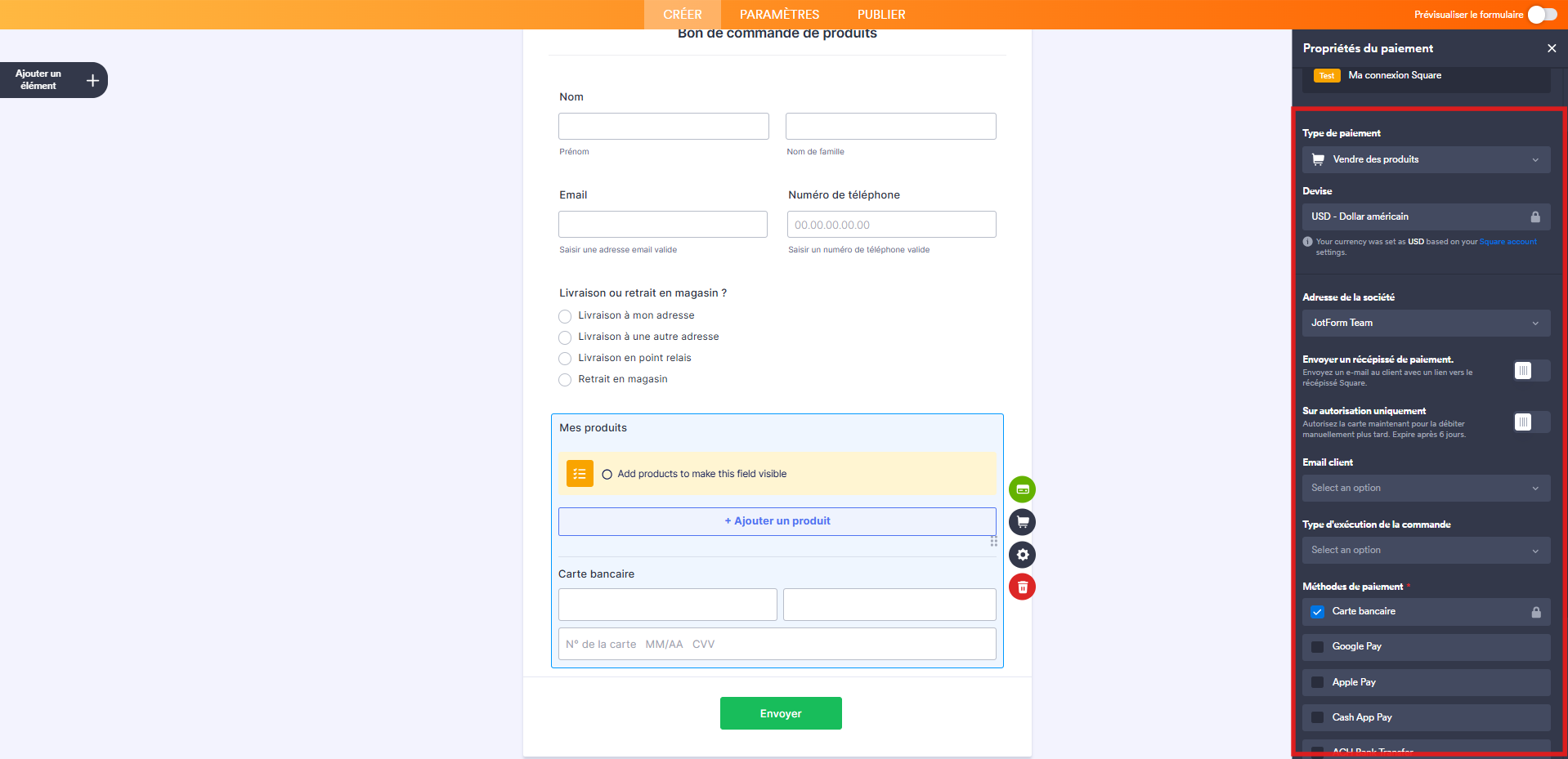 Capture d'écran d'un formulaire avec un élément Square dans le Générateur de formulaires Jotform avec un encadré autour des paramètres du volet Propriétés du paiement à configurer