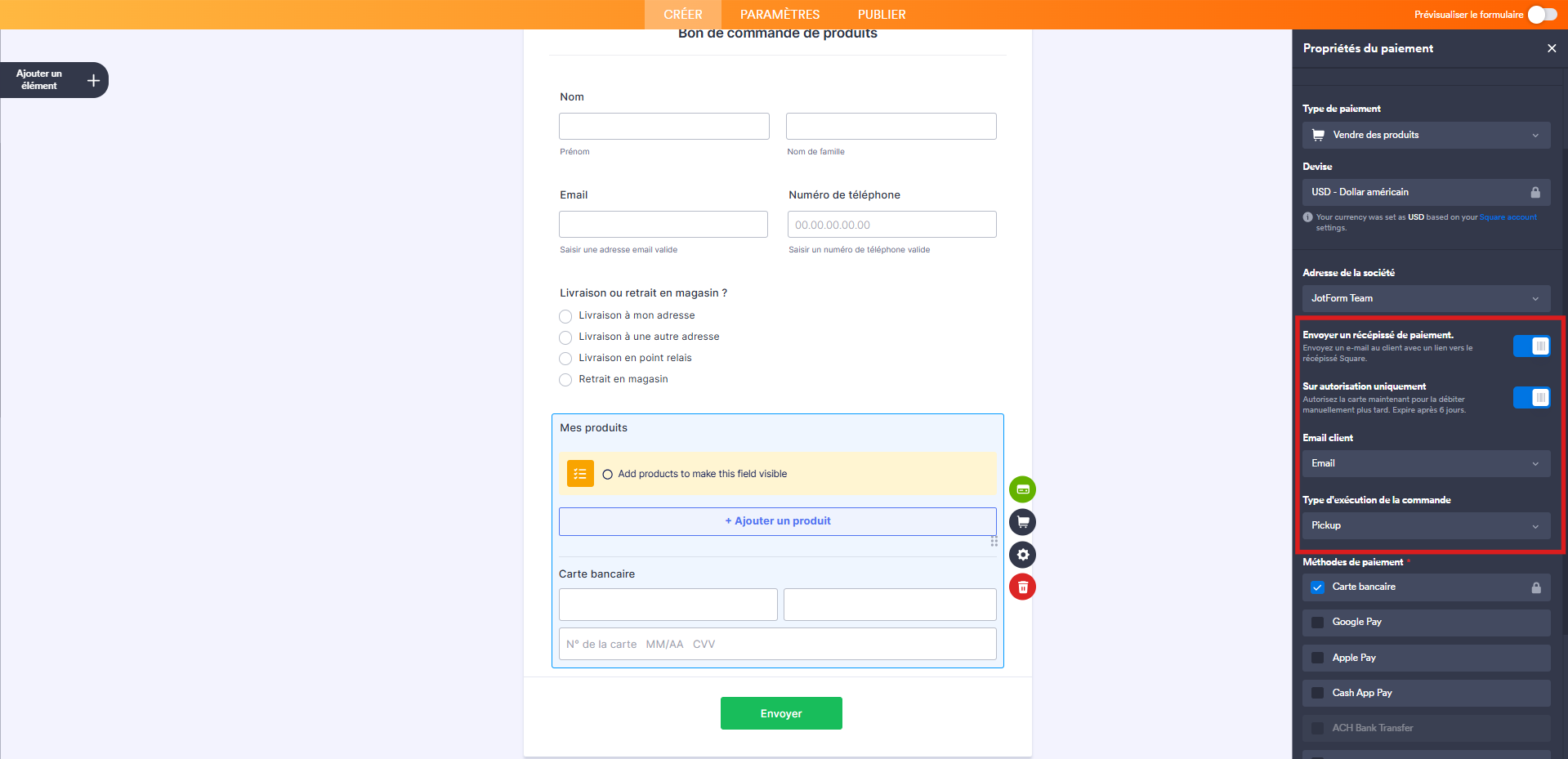 Capture d'écran d'un formulaire avec un élément Square dans le Générateur de formulaires Jotform avec un encadré autour des paramètres Email client, Sur autorisation uniquement, Type d'exécution de la commande, Envoyer un récépissé de paiement