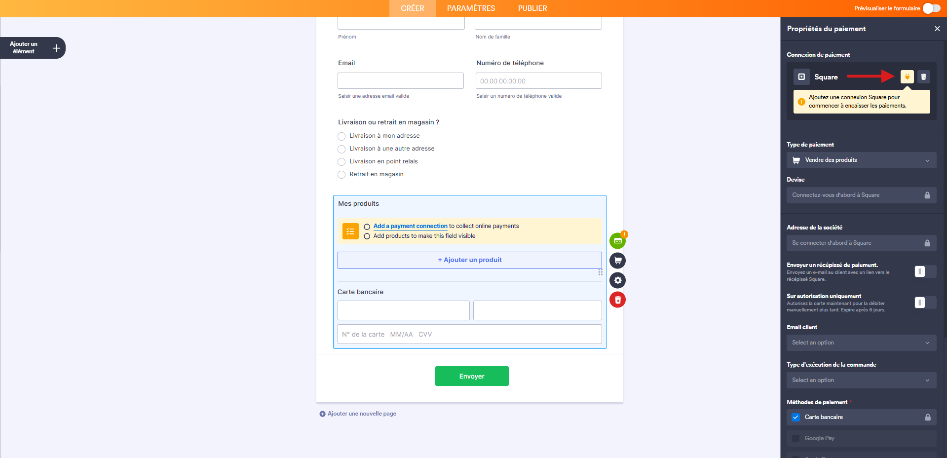 Capture d'écran d'un formulaire avec un élément Square dans le Générateur de formulaires Jotform avec une flèche vers l'icône de prise de courant