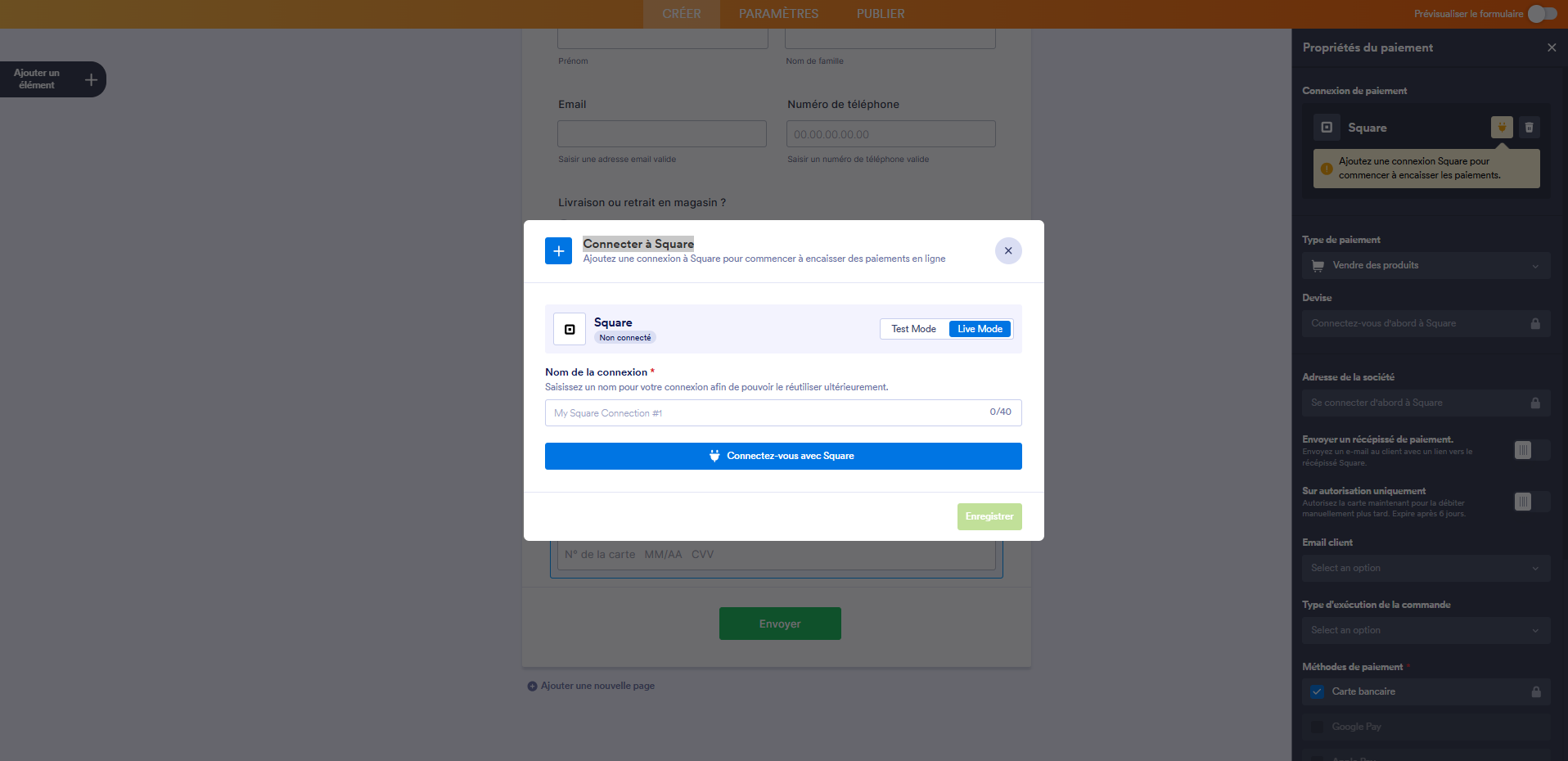 Capture d'écran de la fenêtre modale Connecter à Square dans le Générateur de formulaires Jotform