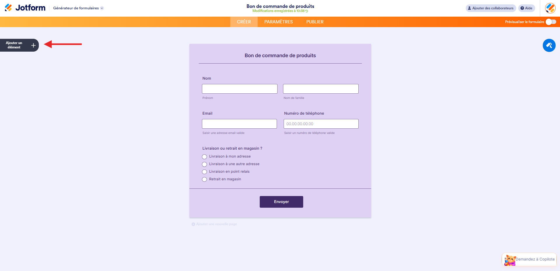 Capture d'écran d'un bon de commande dans le Générateur de formulaires Jotform avec une flèche vers Ajouter un élément