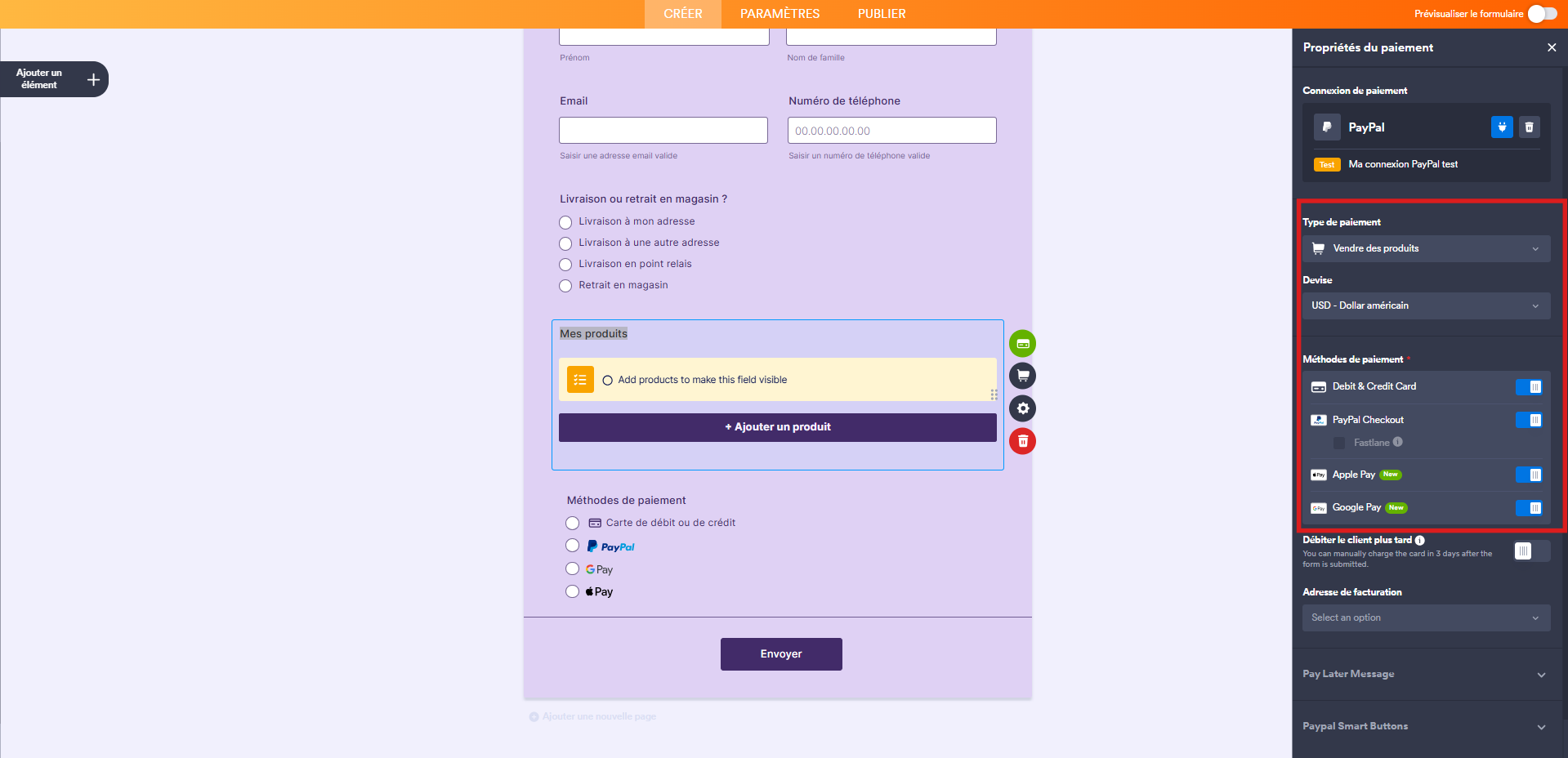 Capture d'écran du volet Propriétés du paiement dans le Générateur de formulaires Jotform avec un encadré autour des paramètres Type de paiement, Devise, Méthodes de paiement et ses options