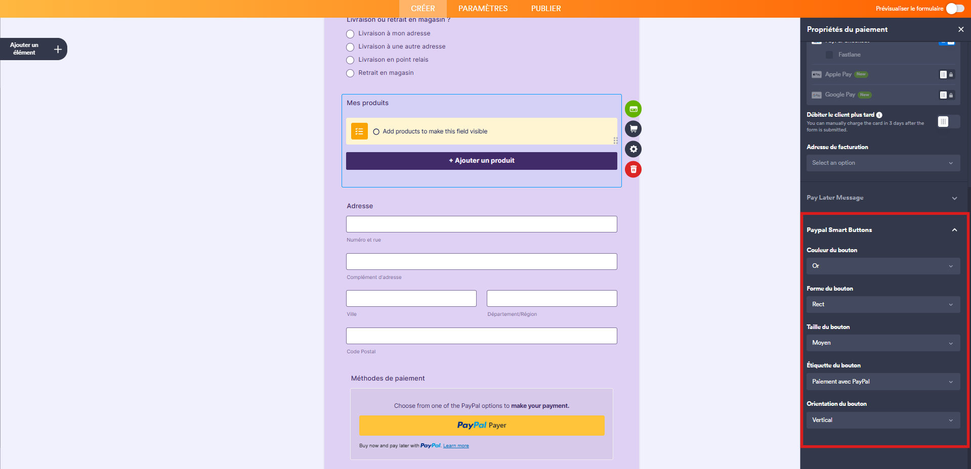 Capture d'écran du volet Propriétés du paiement dans le Générateur de formulaires Jotform avec un encadré autour des paramètres de la section Boutons de paiement intelligent PayPal