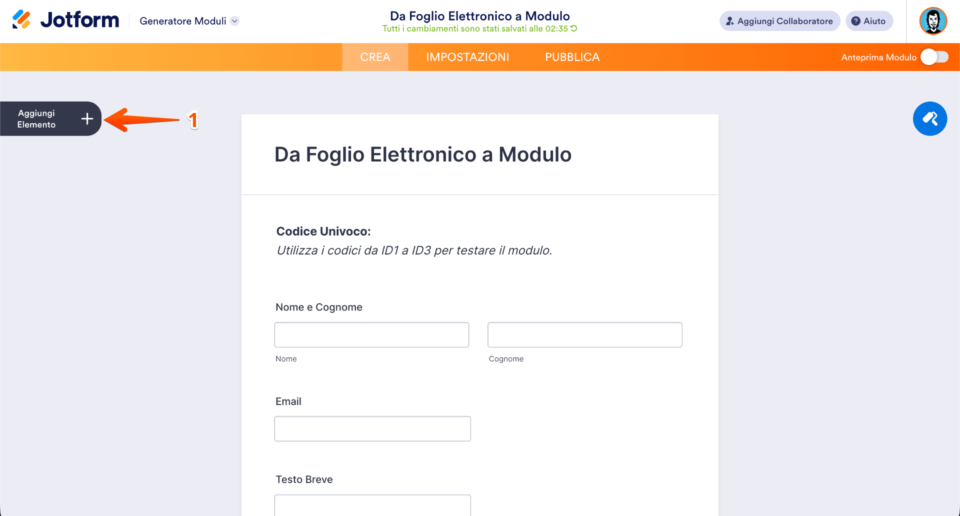 Selezione del pulsante Aggiungi Elemento