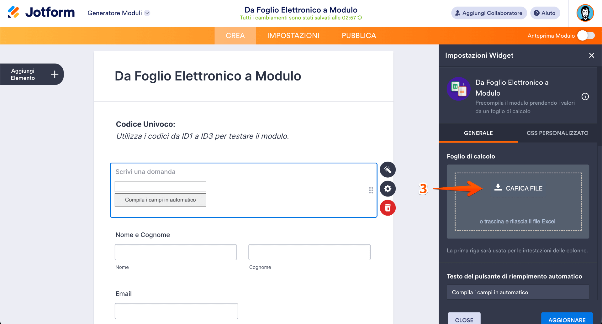 Caricamento file sul widget