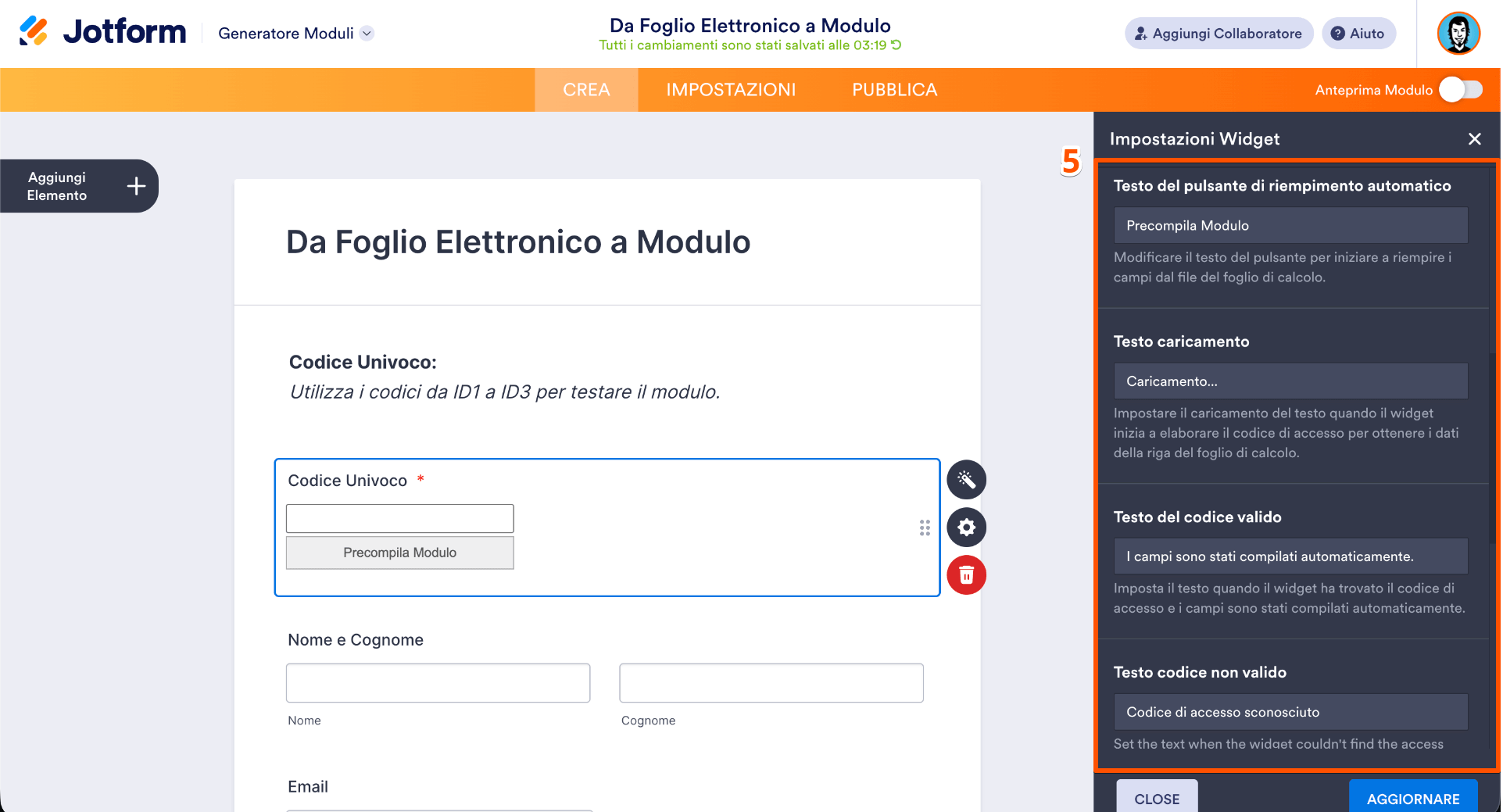 Personalizzazione del testo del widget